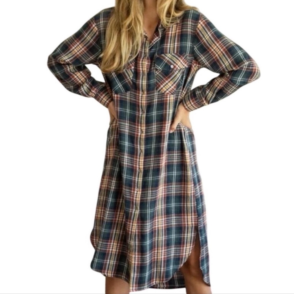 Natural Life Plaid Flannel Shirt Dress Small Cotton Button Front‎ Midi Duster